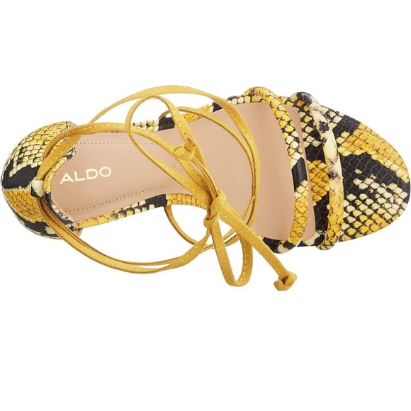 NEW ALDO NYMERIA Ladies Strappy Block Heel Sandal in Yellow Snake Print Sz 6 - Picture 3 of 13
